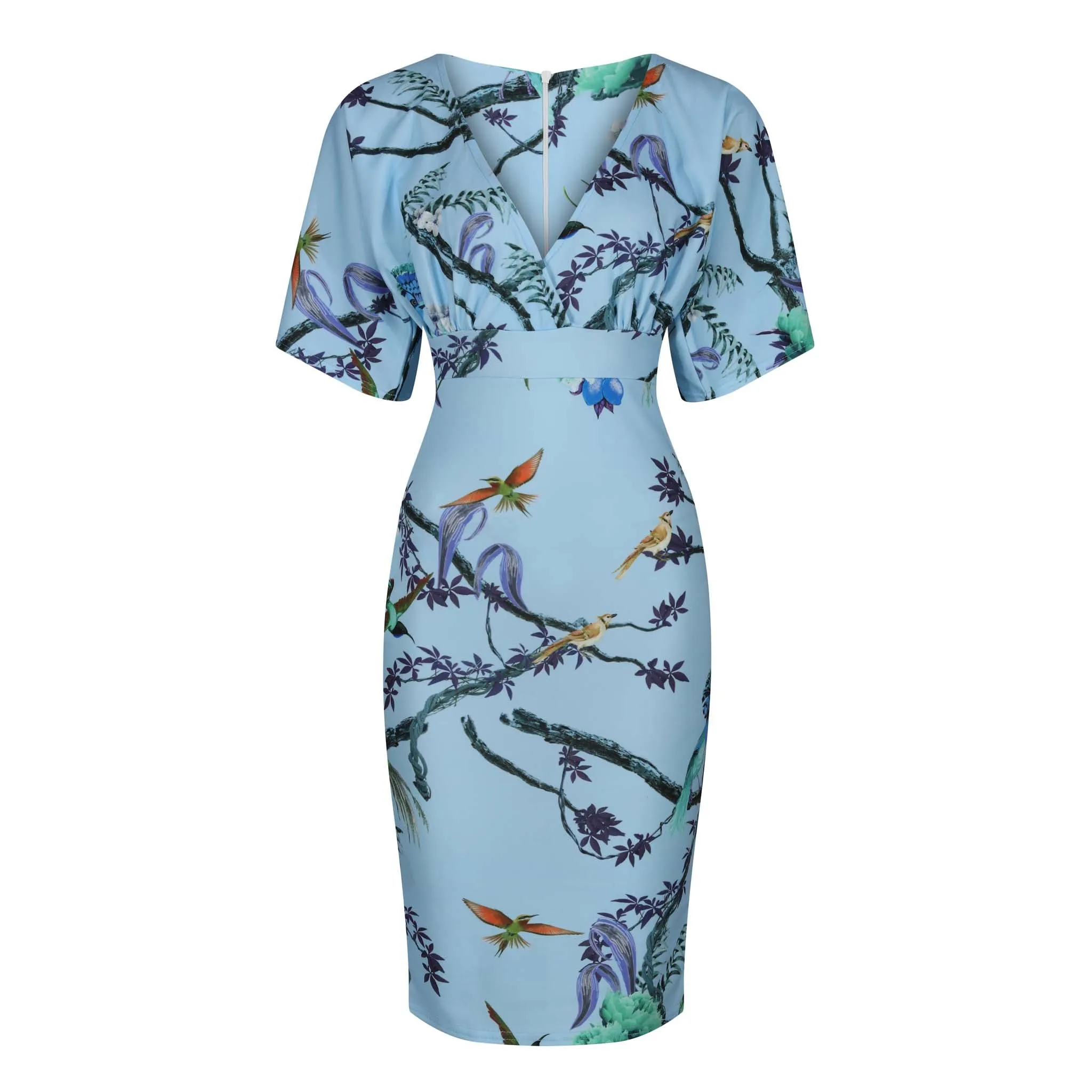 Blue Floral Bird Half Batwing Sleeve Crossover Top Pencil Dress