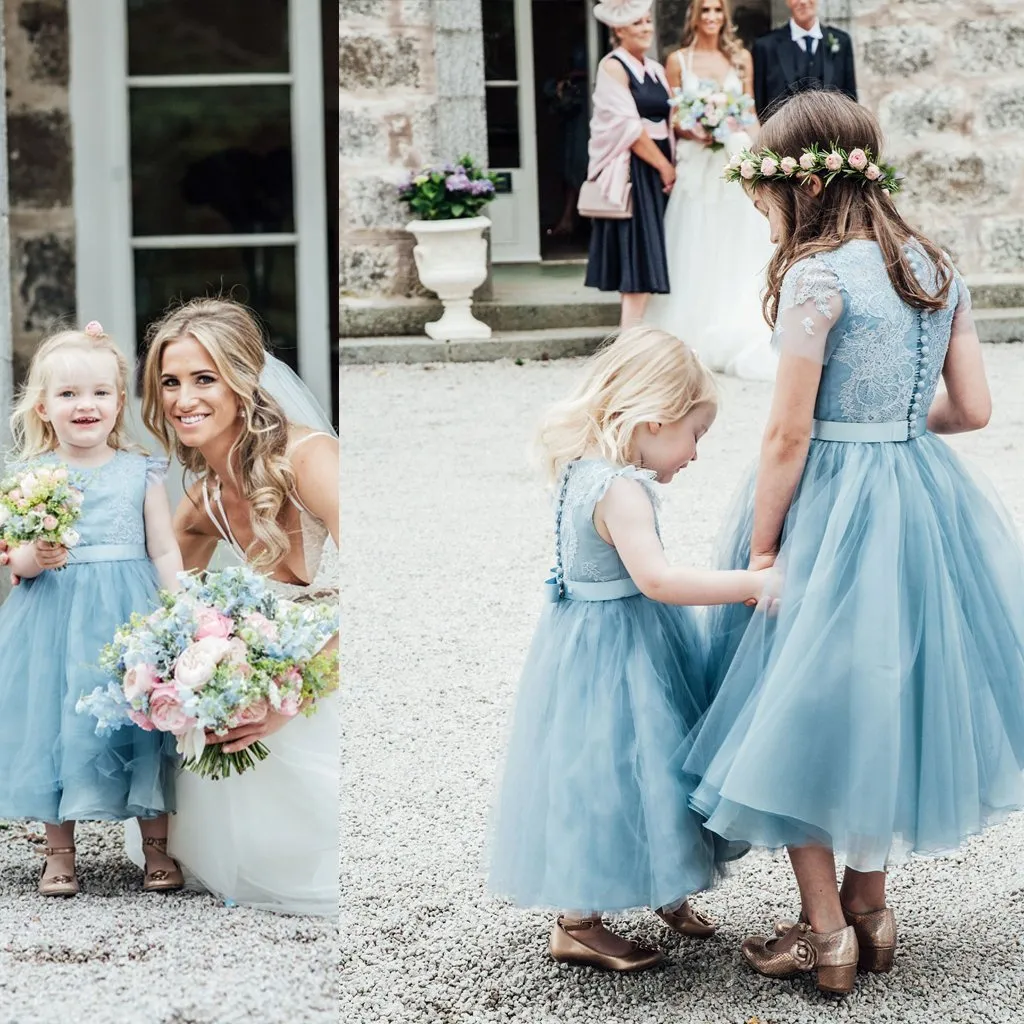 Blue Lace Top Tulle Flower Girl Dresses, Popular Cheap Junior Bridesmaid Dresses, FGY0103