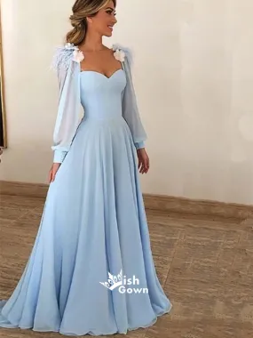 Blue Long Sleeves Sweetheart A Line Long Prom Dresses, SG163