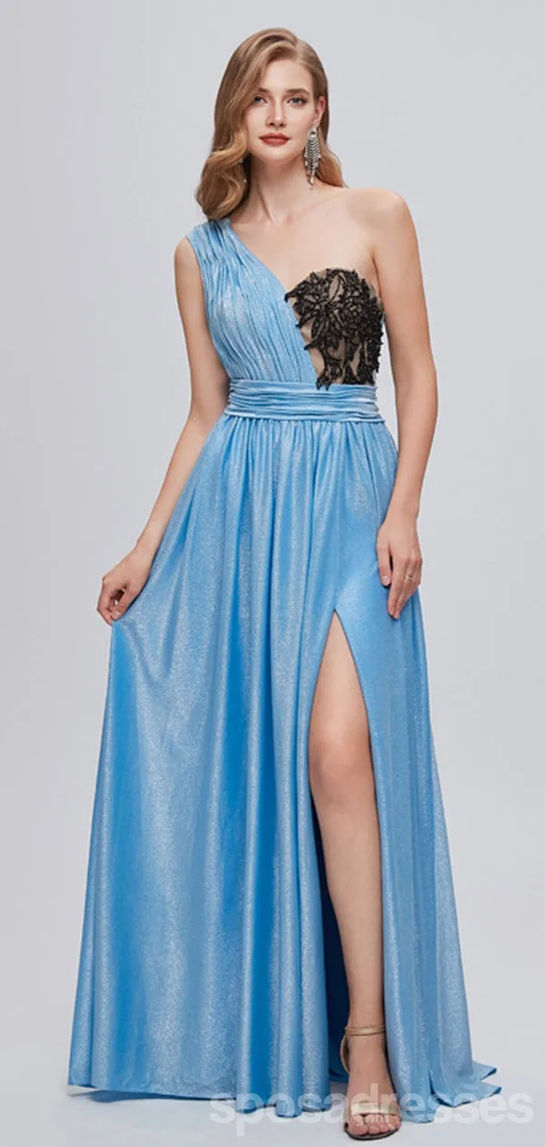 Blue One Shoulder A-line High Slit Cheap Long Prom Dresses Online,12991