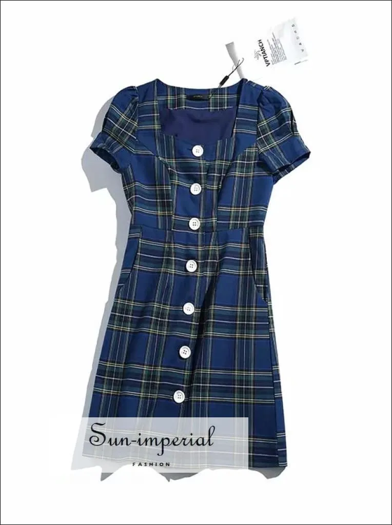 Blue Plaid Mini Dress Short Sleeve Buttoned front Square Neck