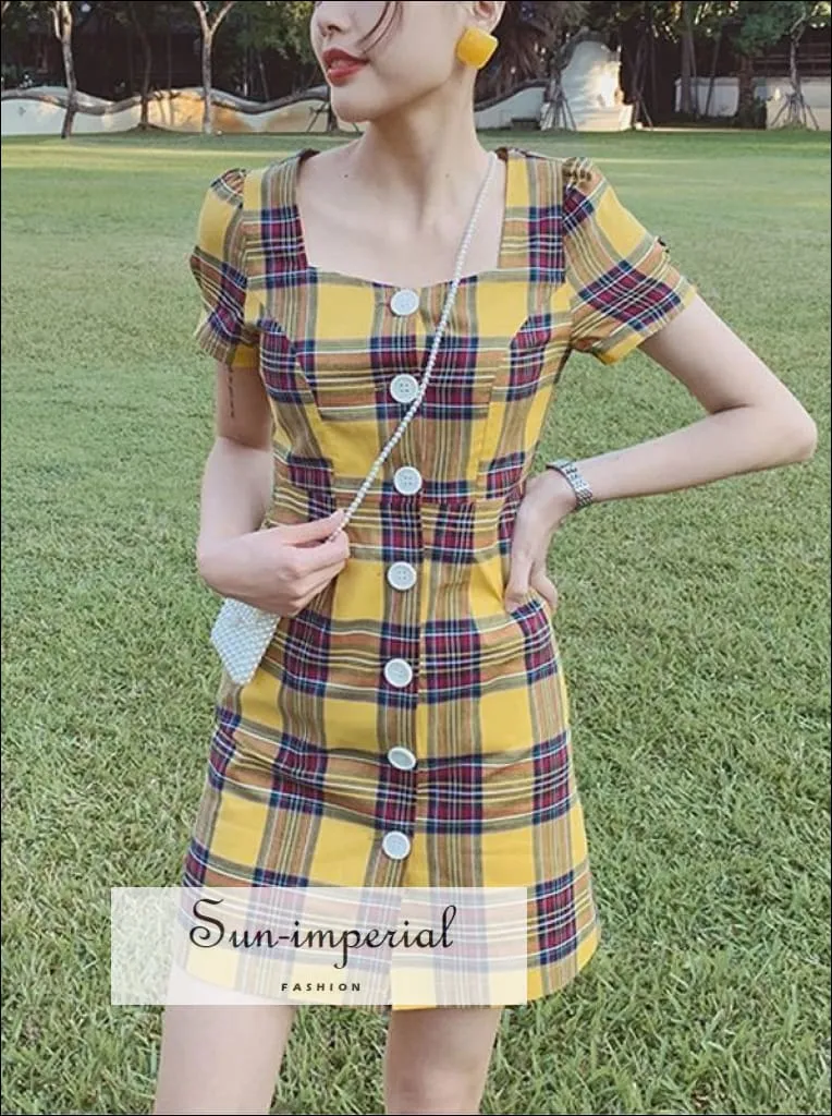 Blue Plaid Mini Dress Short Sleeve Buttoned front Square Neck