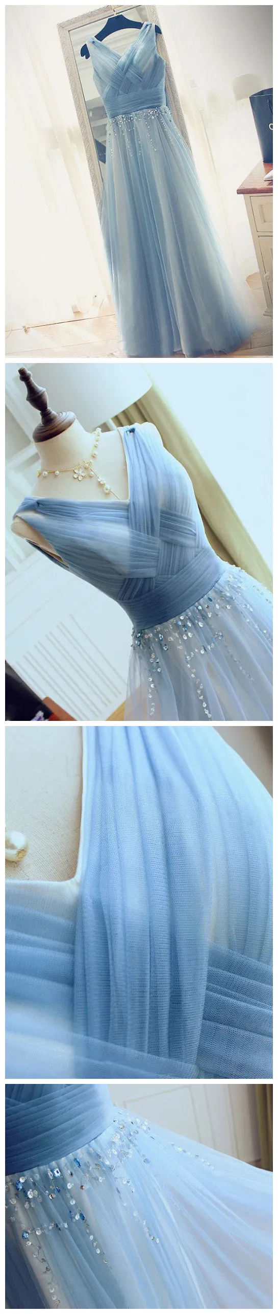 Blue V Neck Tulle Affordable Elegant Formal Long Prom Dresses, WG1007