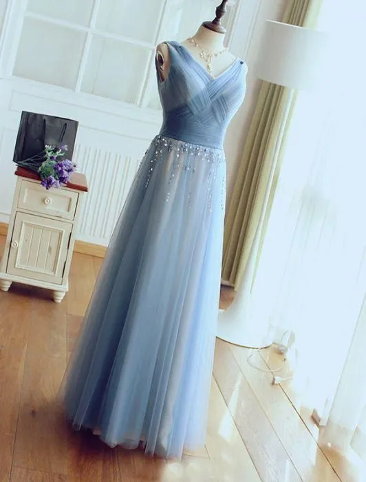 Blue V Neck Tulle Affordable Elegant Formal Long Prom Dresses, WG1007