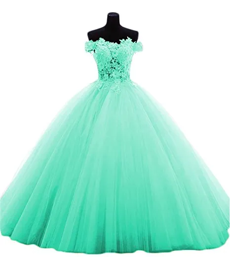 Boat-Neck Quinceanera Dresses Party Sexy Lace Applique Gowns