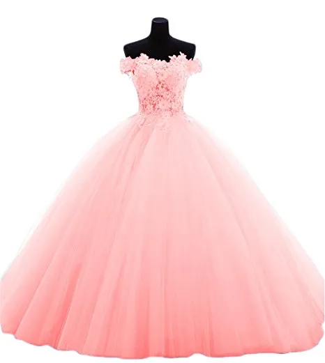 Boat-Neck Quinceanera Dresses Party Sexy Lace Applique Gowns