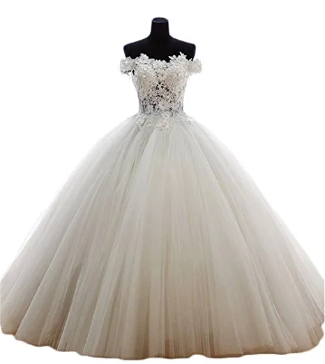 Boat-Neck Quinceanera Dresses Party Sexy Lace Applique Gowns