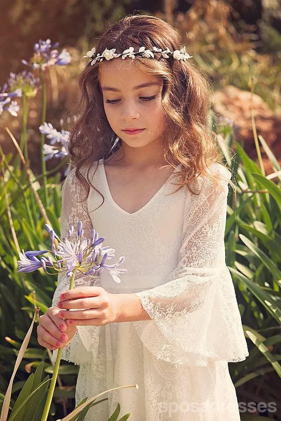 Boho Long Sleeve A-line Lace Flower Girl Dresses, Lovely Little Girl Dresses, FG063