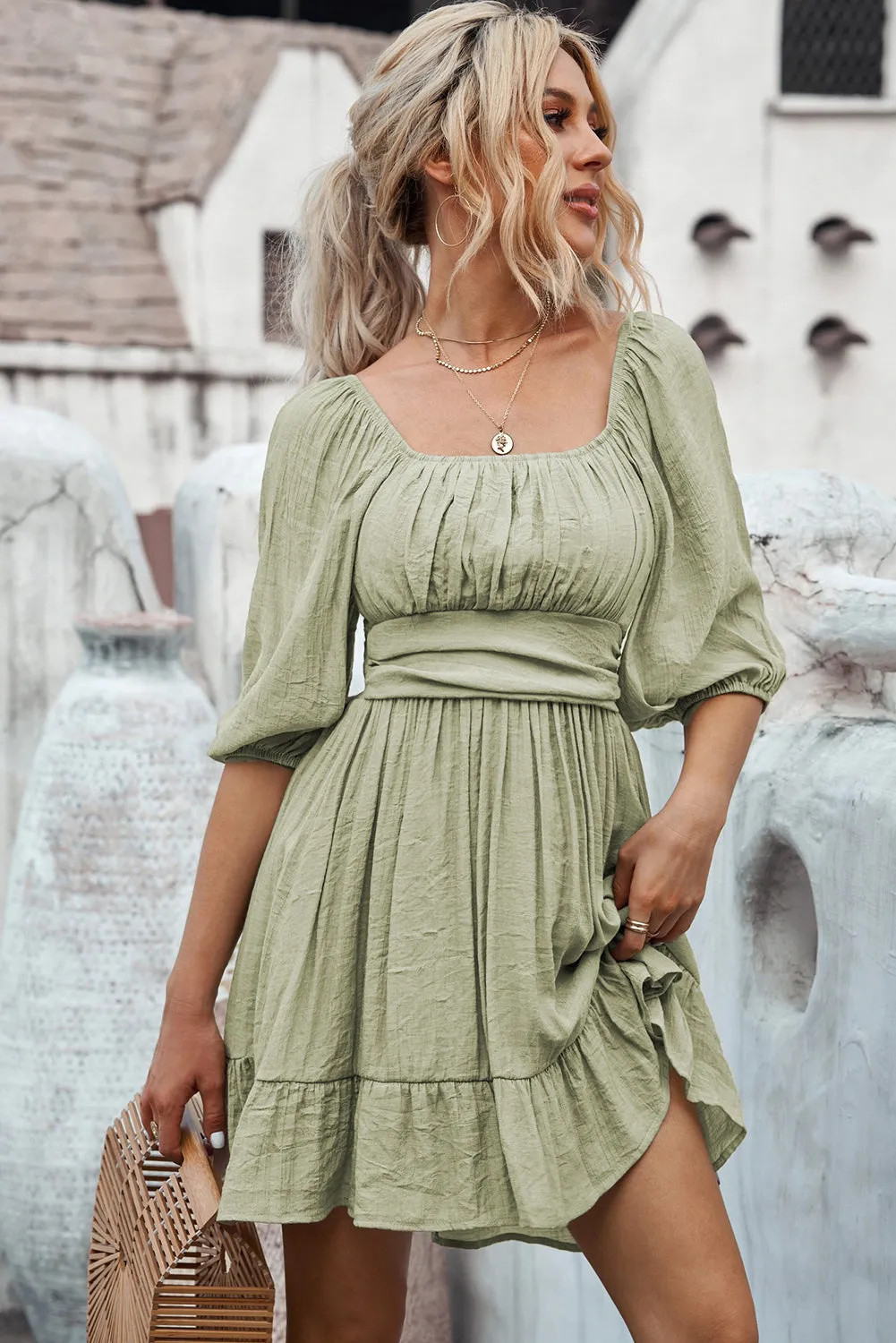 Bow Knot Ruffled High Waist Mini Dresses