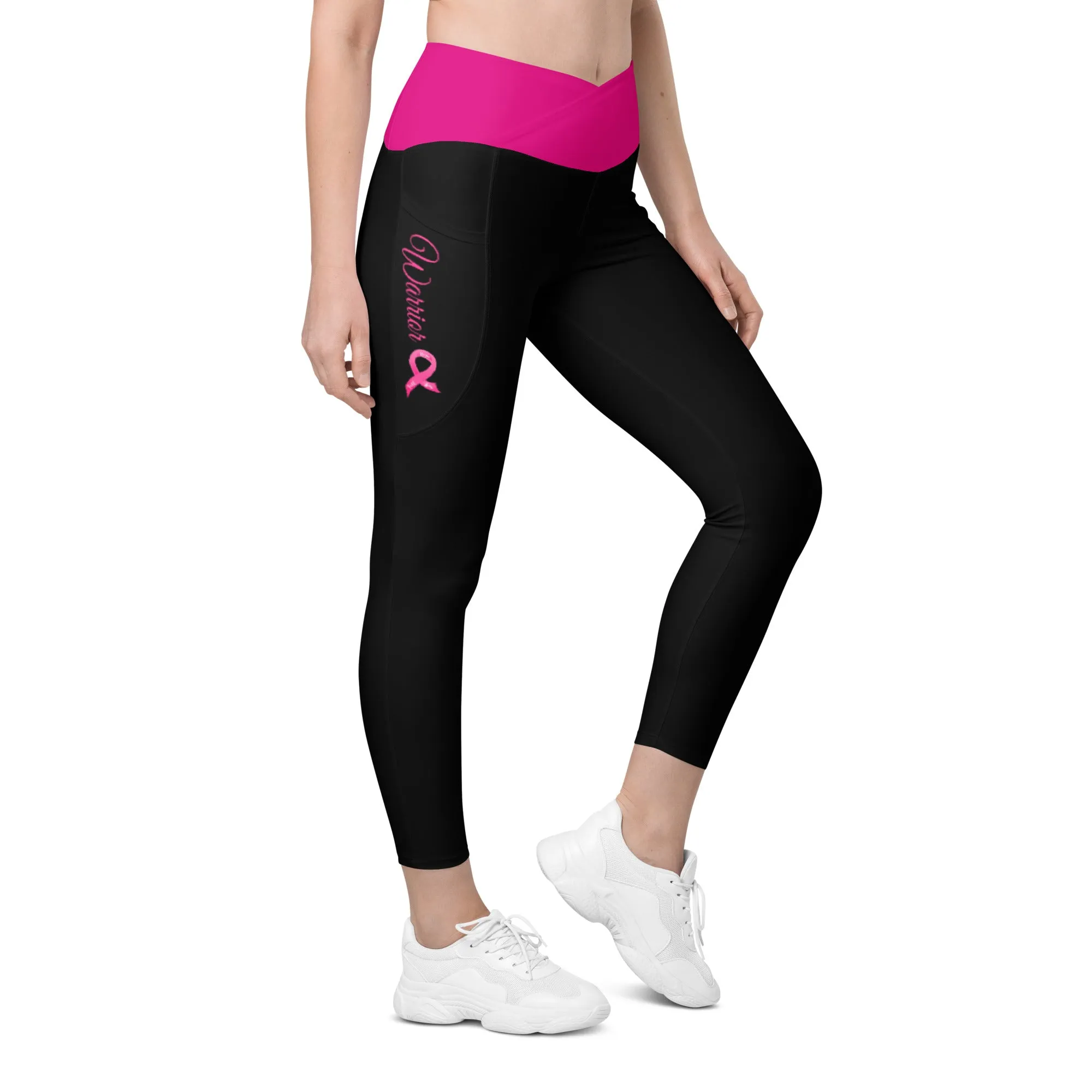 Breast Cancer "Warrior" Crossover Waist Leggings with Pockets (Black/Pink)