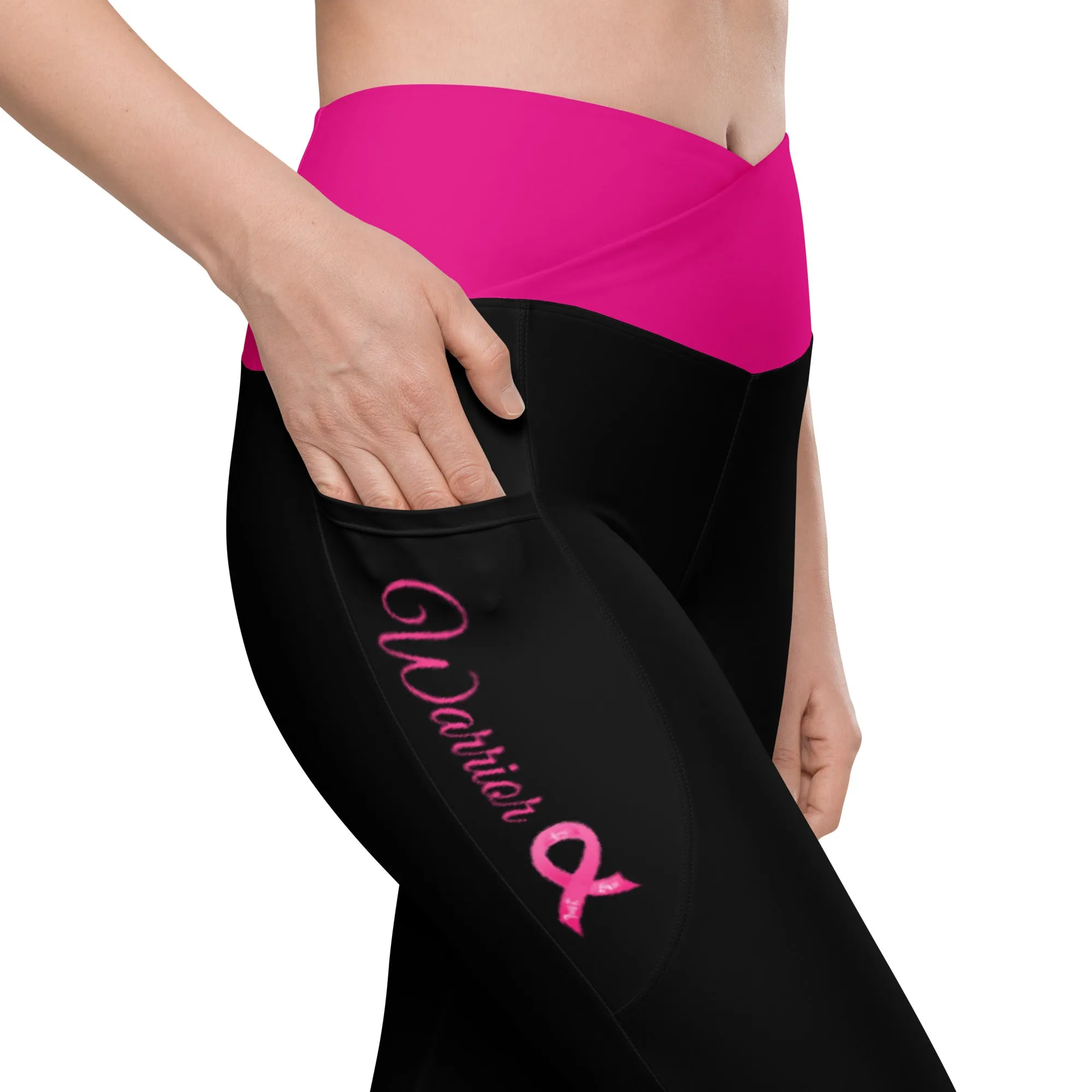 Breast Cancer "Warrior" Crossover Waist Leggings with Pockets (Black/Pink)