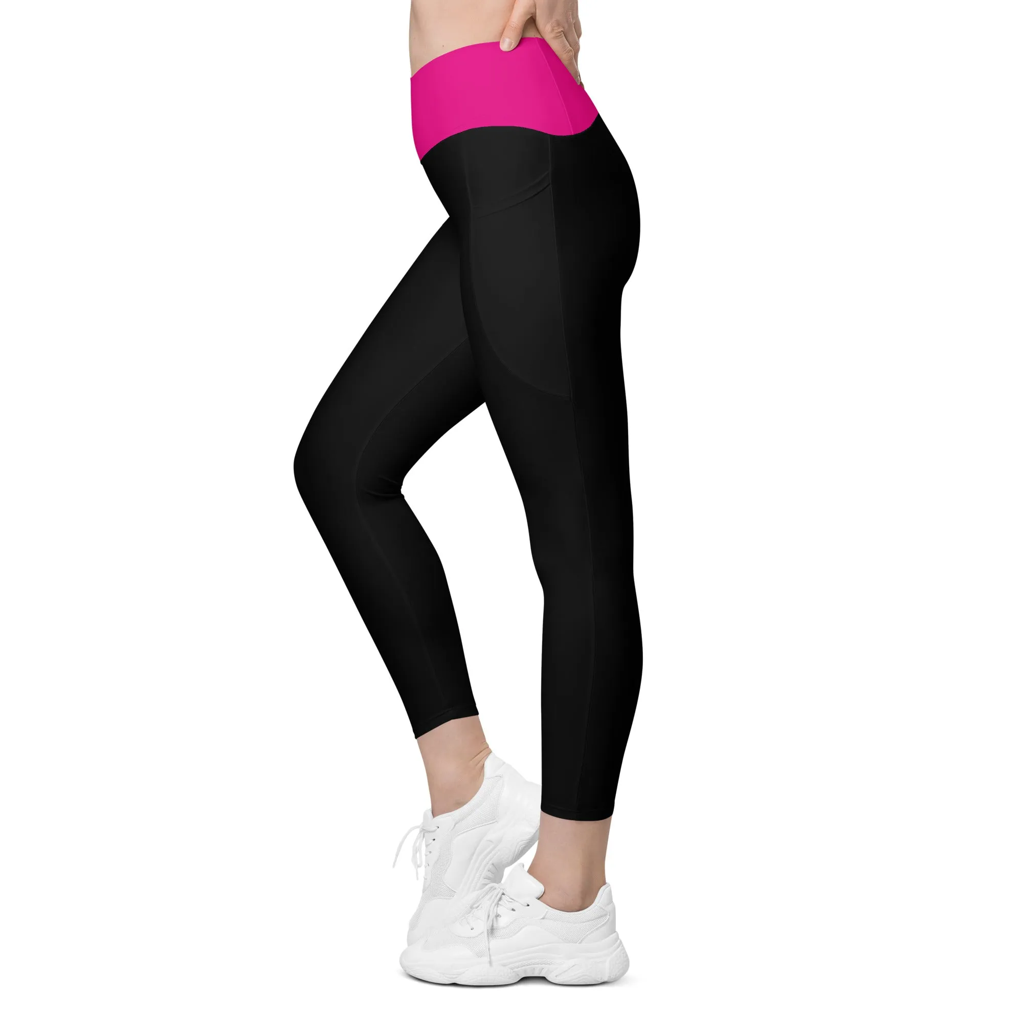 Breast Cancer "Warrior" Crossover Waist Leggings with Pockets (Black/Pink)