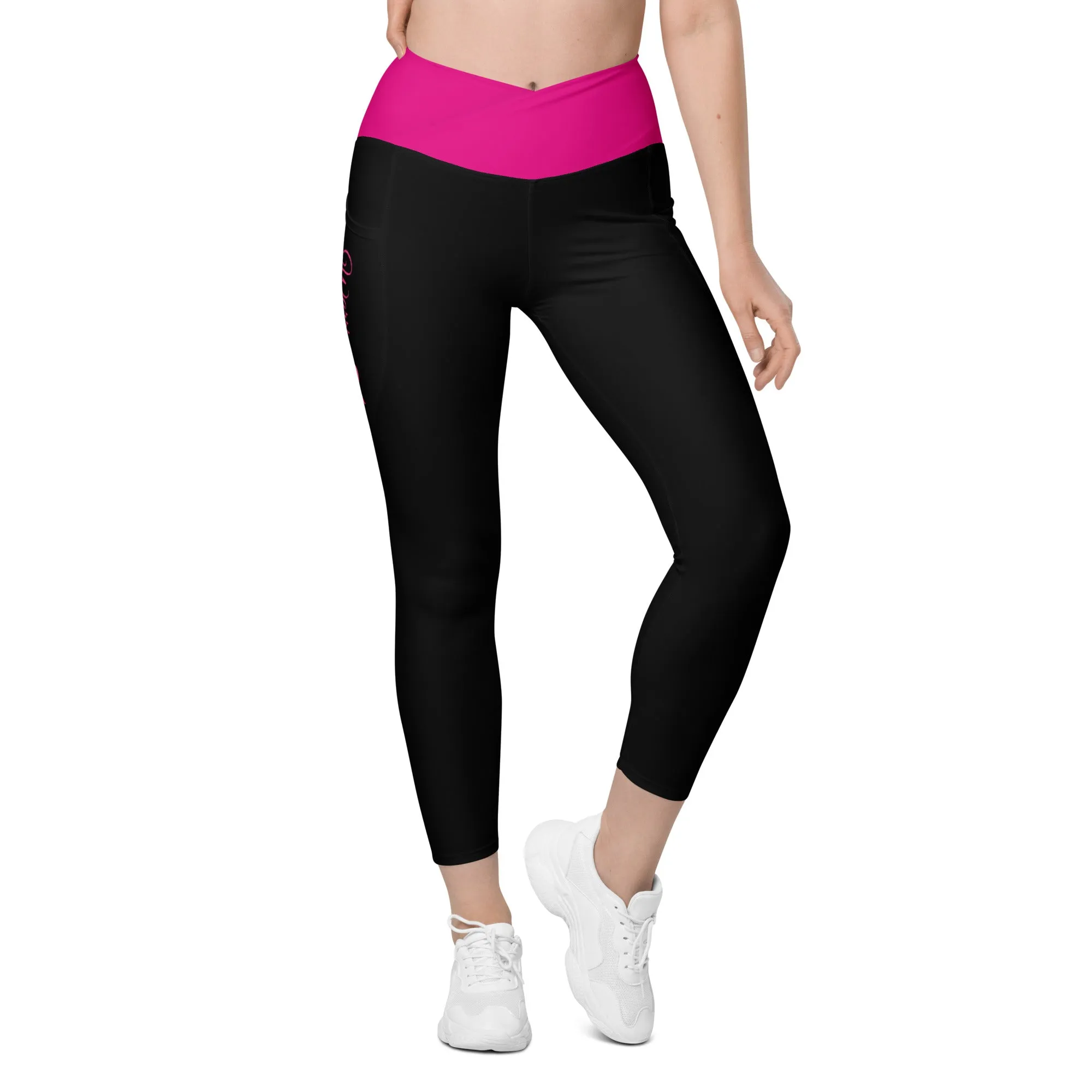 Breast Cancer "Warrior" Crossover Waist Leggings with Pockets (Black/Pink)