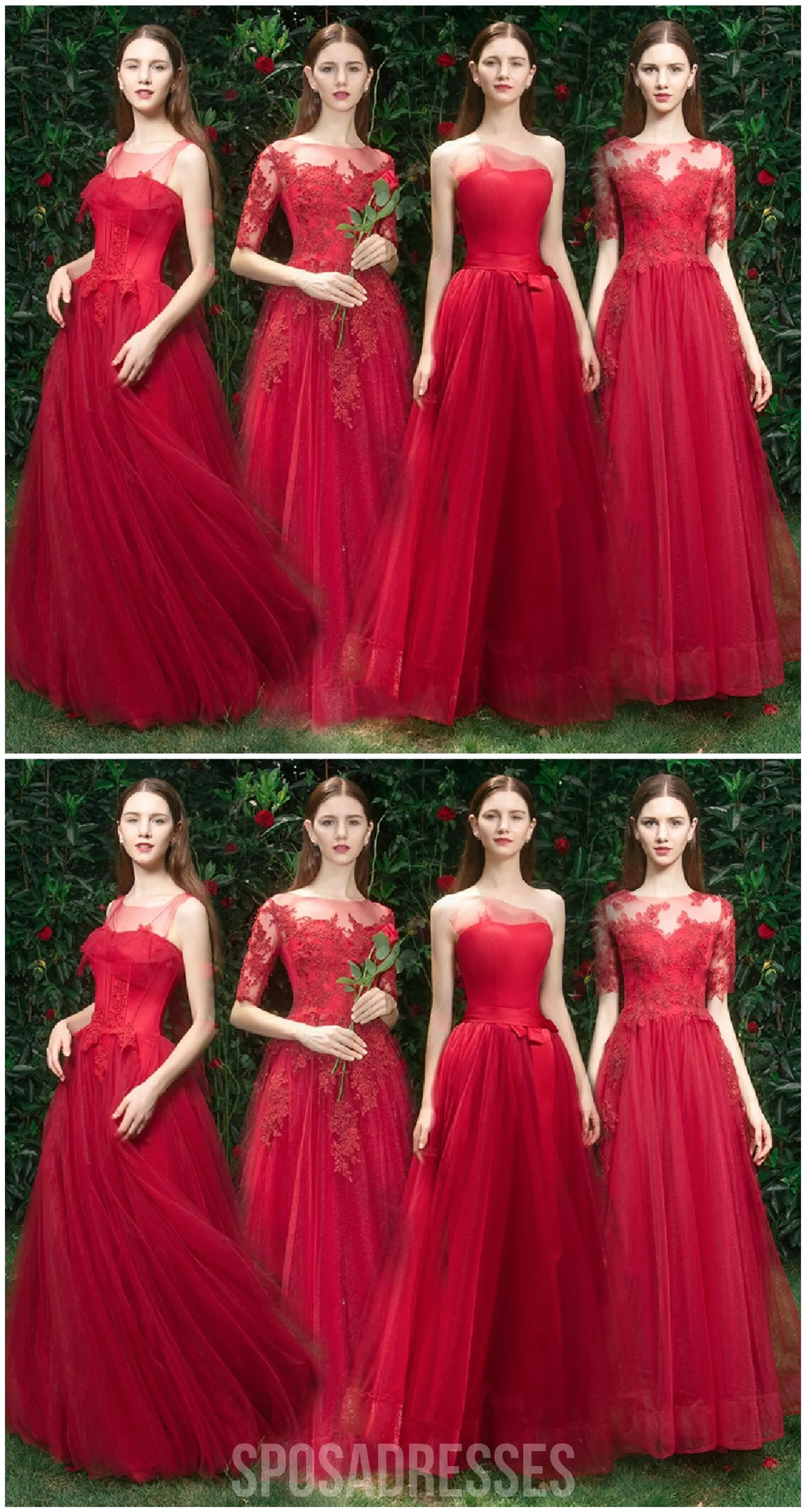 Bright Red Lace Tulle Short Mismatched Cheap Bridesmaid Dresses Online, WG537