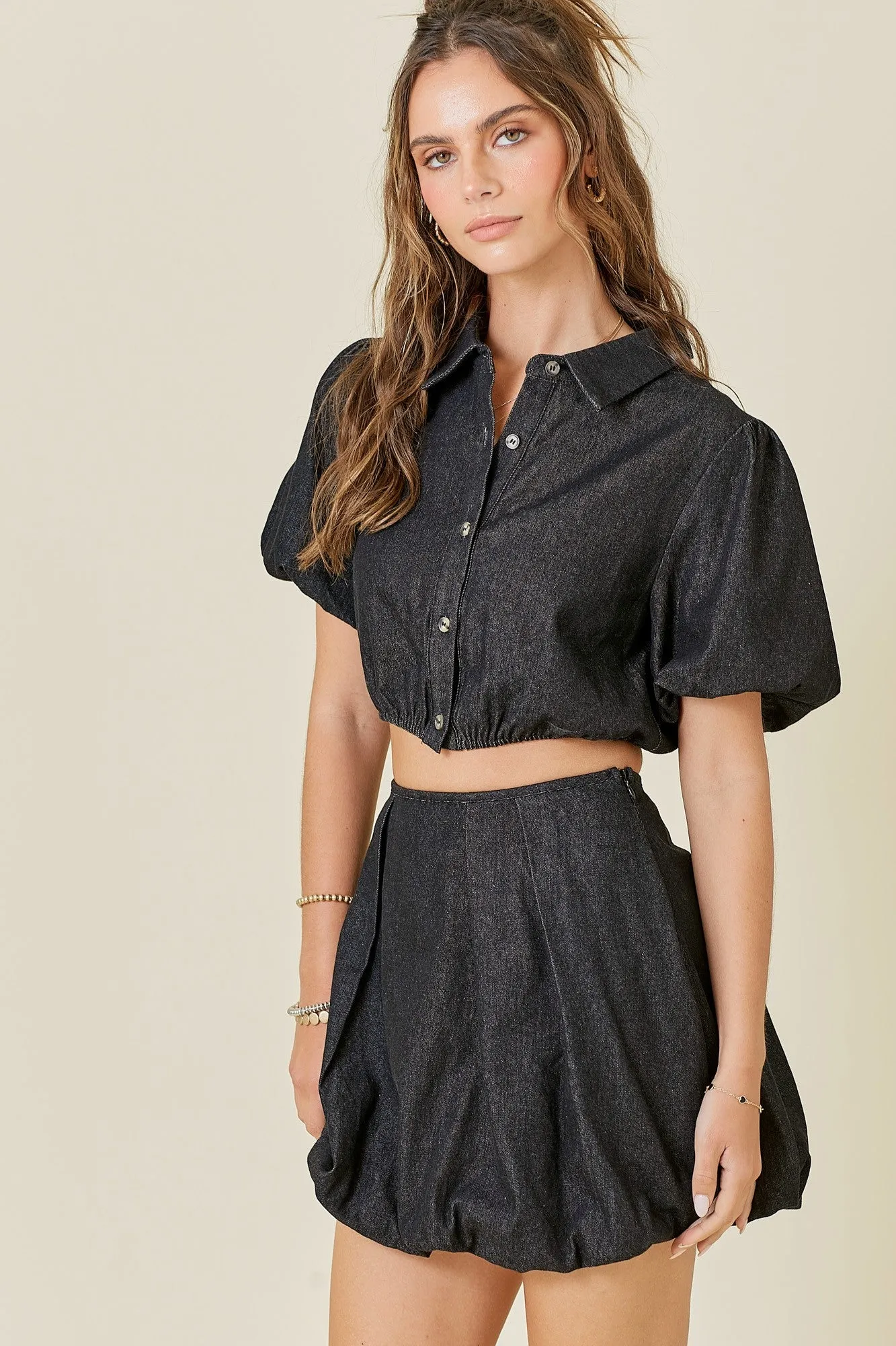 Bubble Hem Pleat Detal Denim Mini Skirt