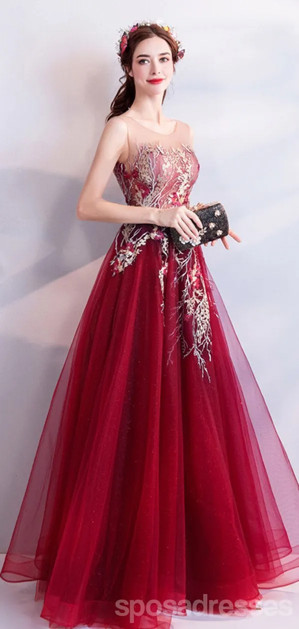 Burgundy A-line Jewel Sleeveless Long Prom Dresses Online, Evening Dresses,12648