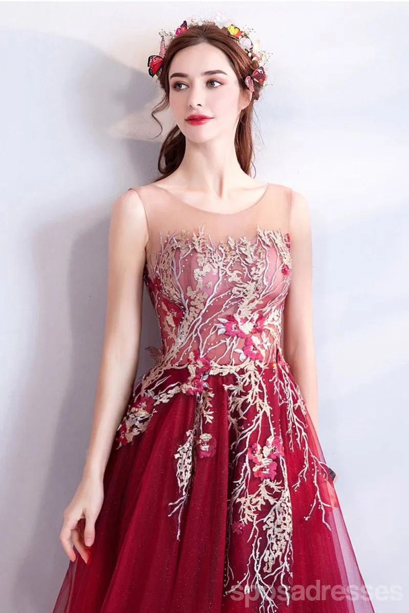 Burgundy A-line Jewel Sleeveless Long Prom Dresses Online, Evening Dresses,12648