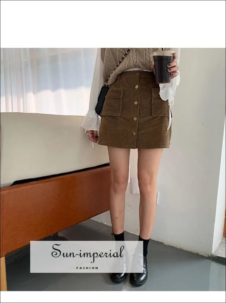 Button front High Waist Corduroy Skirt with Pockets A-line Women Short Mini Skirt