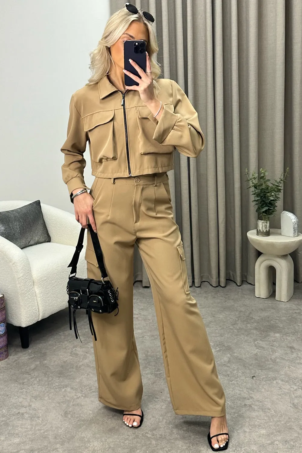 Candela Dark Beige Cargo Zip Cropped Jacket and Trousers Co-Ord Set