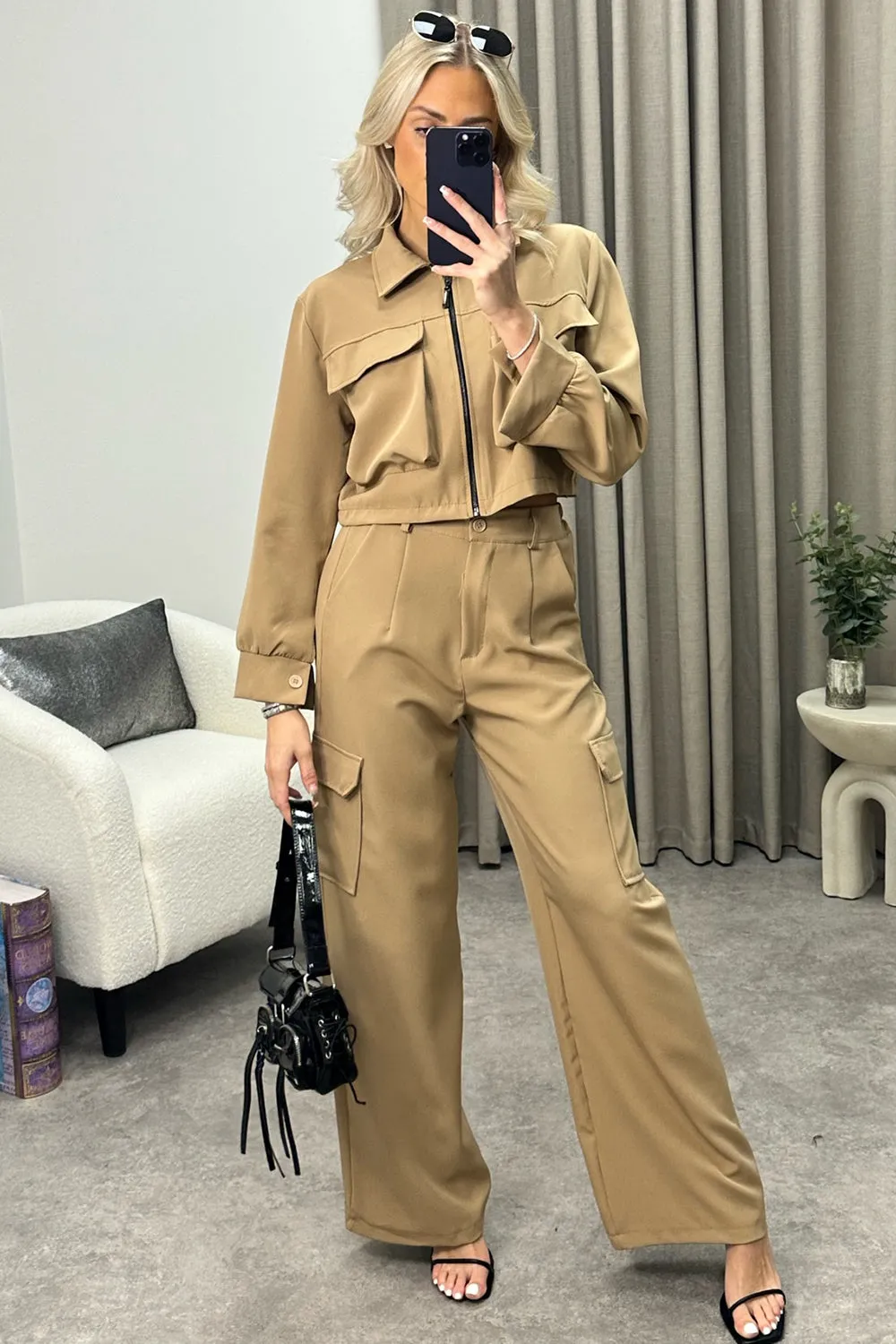 Candela Dark Beige Cargo Zip Cropped Jacket and Trousers Co-Ord Set