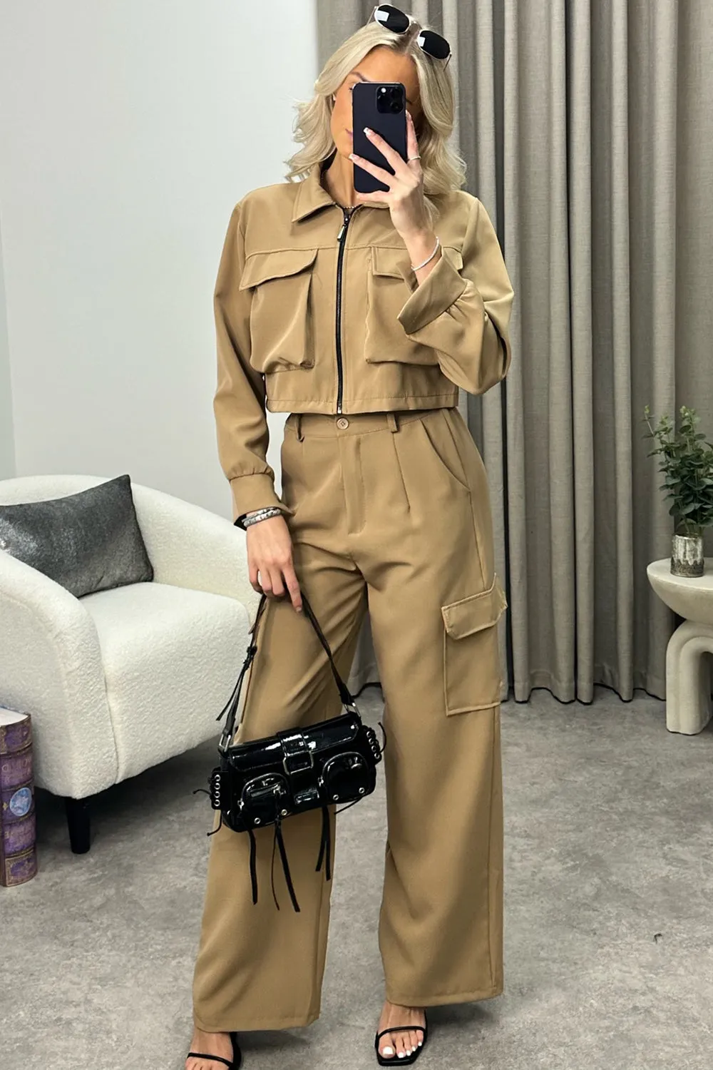 Candela Dark Beige Cargo Zip Cropped Jacket and Trousers Co-Ord Set