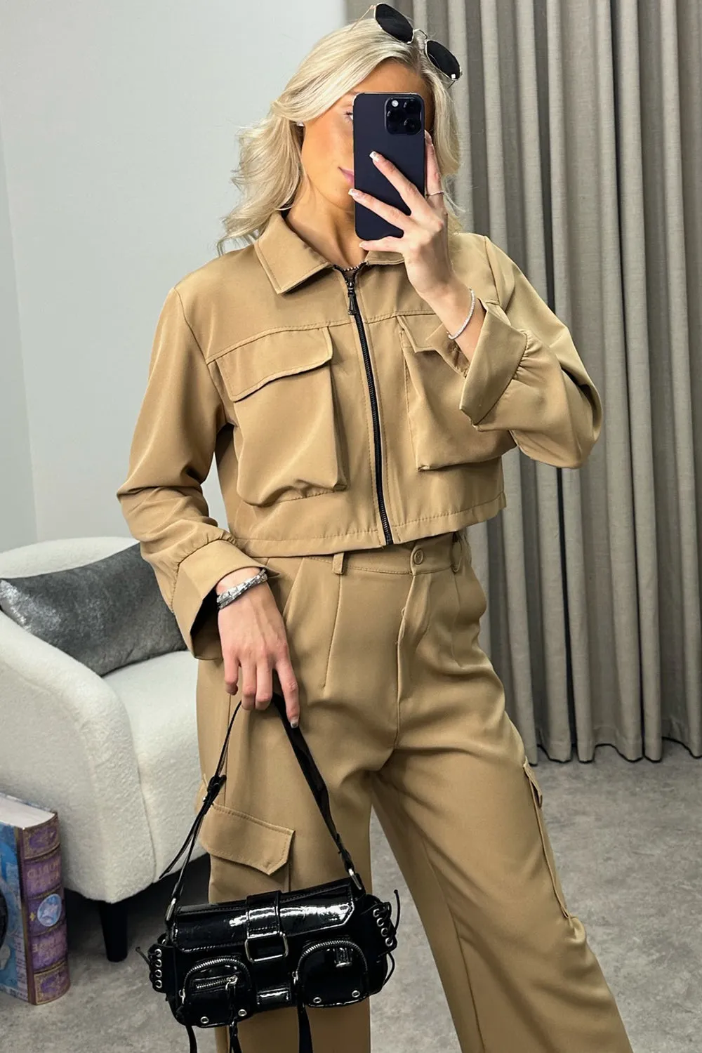 Candela Dark Beige Cargo Zip Cropped Jacket and Trousers Co-Ord Set