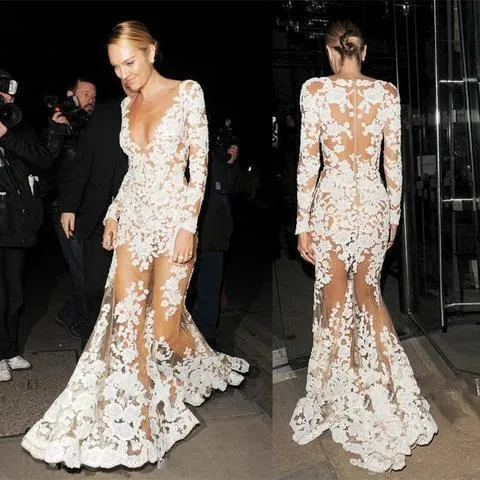 Candice Swanepoel Celebrity Inspired See Through Deep V-neck Long Sleeve Mermaid Lace Prom Dresses, BG0241