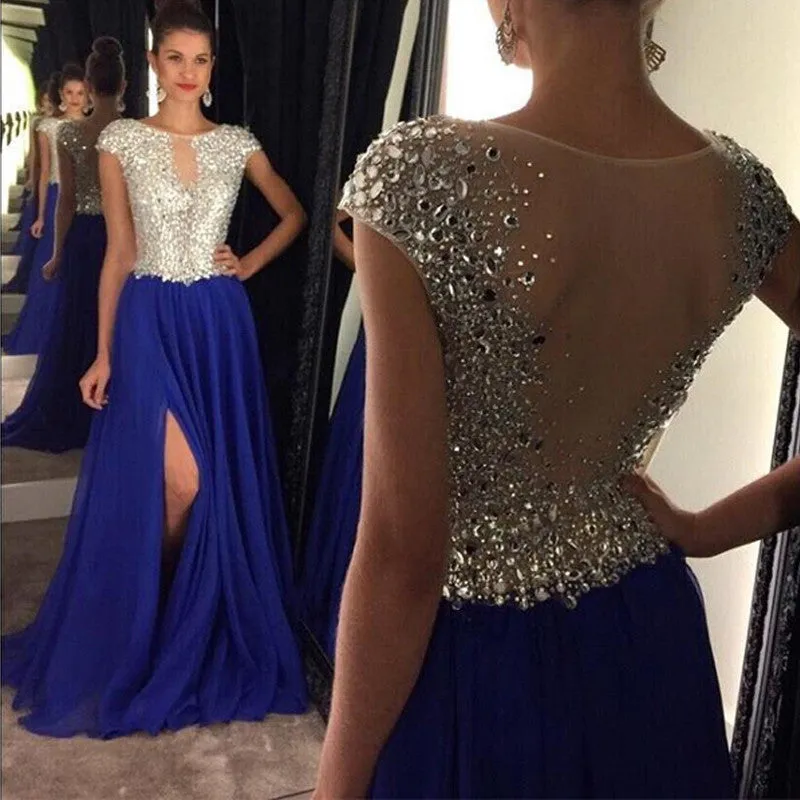 Cap Sleeve See Through Back Side Slit Royal Blue Shinning Sexy Long Prom Dresses, WG285