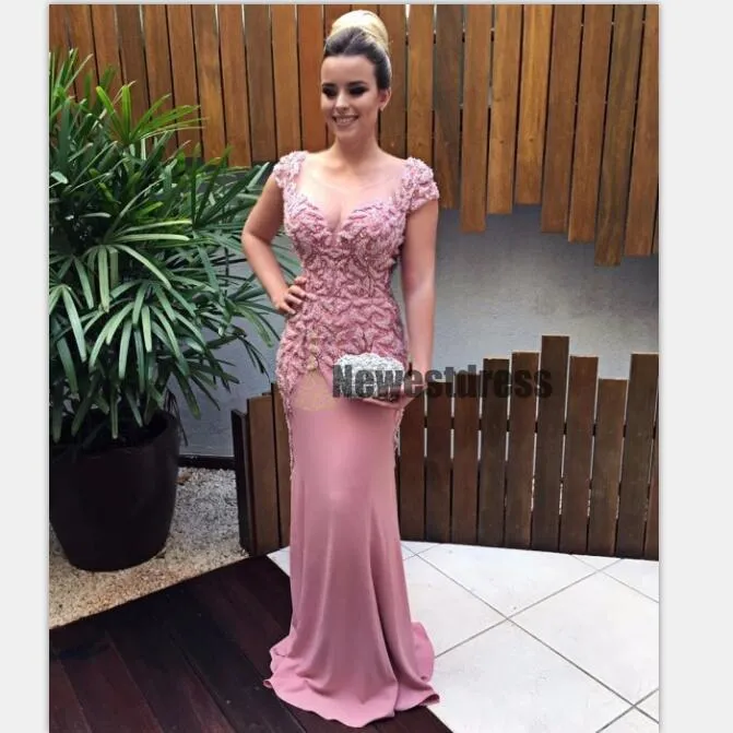 Cap Sleeves Mermaid Pink Scoop Fashion Prom Dresses, Elegant Modest Prom Dress, PDY0147