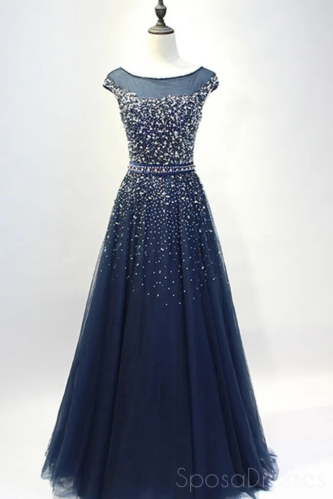 Cap Sleeves Navy Tulle Beaded Long Evening Prom Dresses, Cheap Custom Party Prom Dresses, 18586