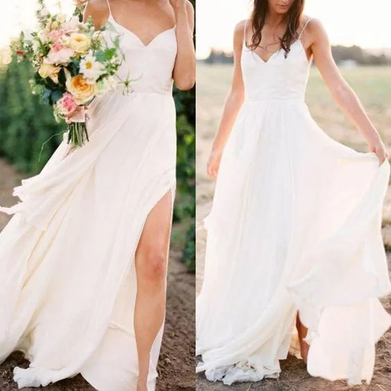 Casual Spahgetti Straps V Neck Side Slit Simple Beach Wedding Dresses, WDY0197