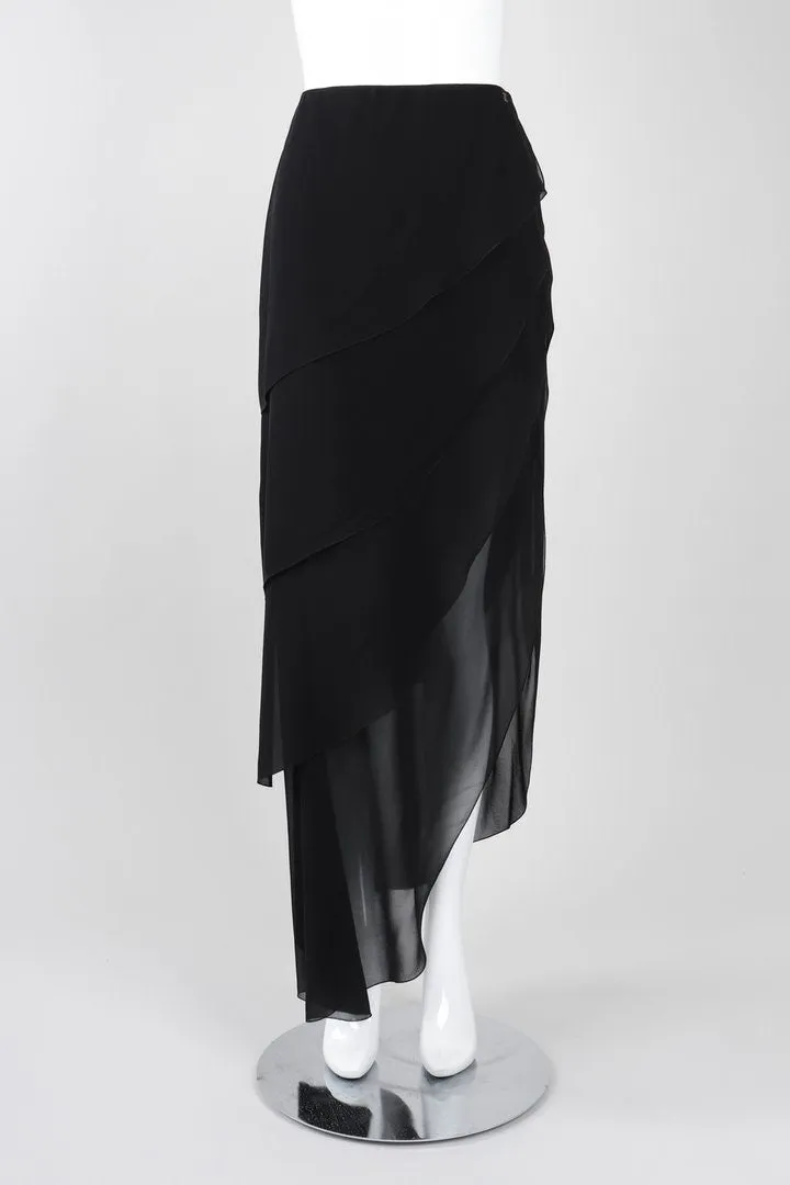 Chanel 00T, 2000 Asymmetrical long Tiered Black Silk Chiffon Skirt FR 40 size 6