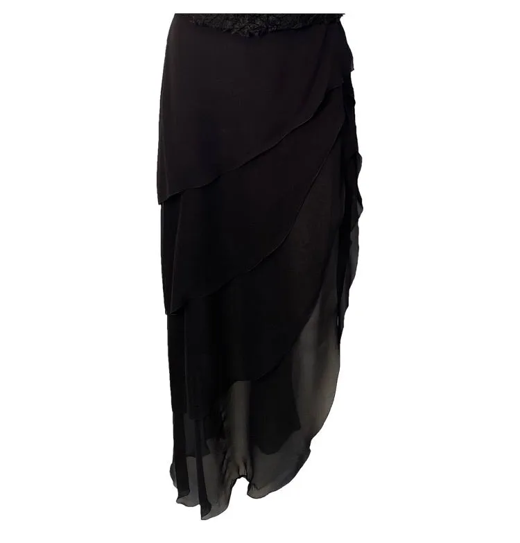 Chanel 00T, 2000 Asymmetrical long Tiered Black Silk Chiffon Skirt FR 40 size 6