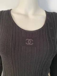 Chanel 05A Black Long Sleeve Ribbed CC Logo Sweater Dress FR 38 US 4/6