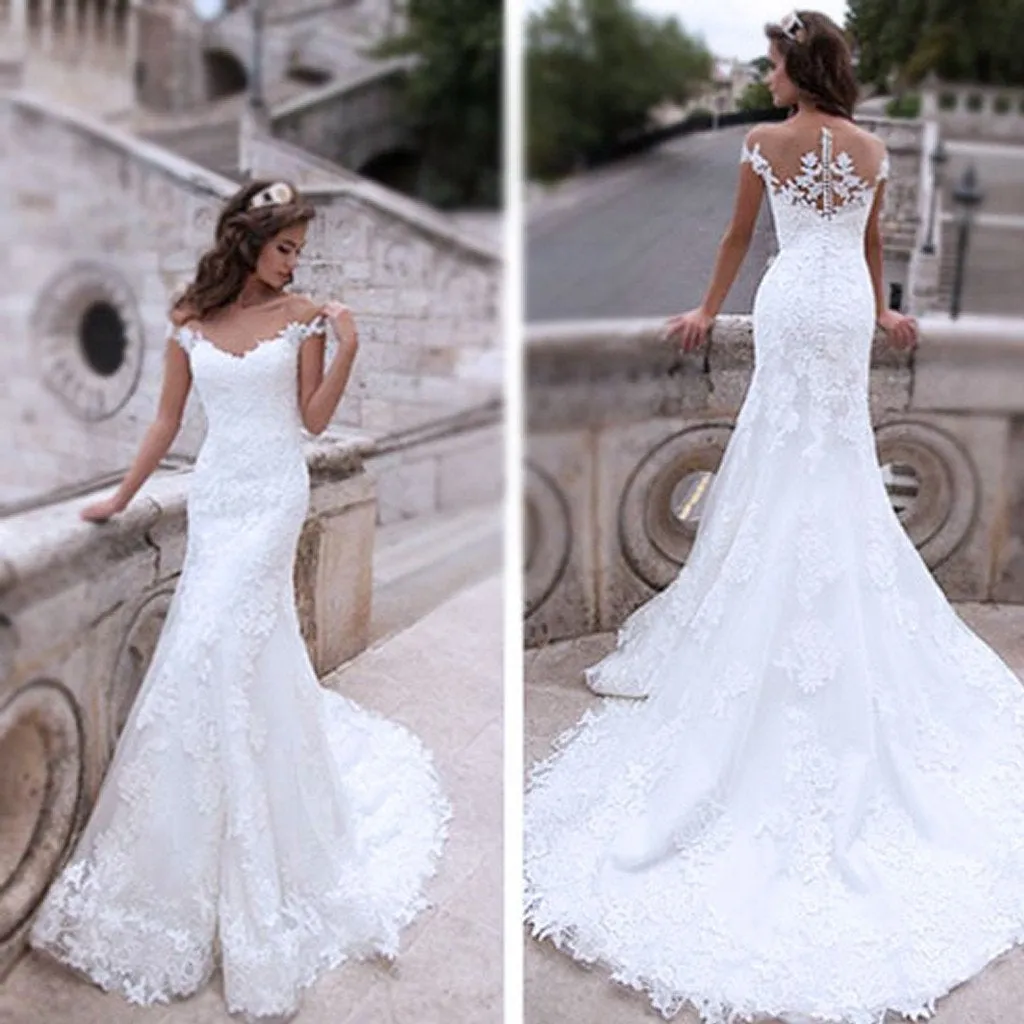 Charming Off Shoulder Sexy Mermaid White Lace Bridal Gown, Wedding Dresses, WDY0112