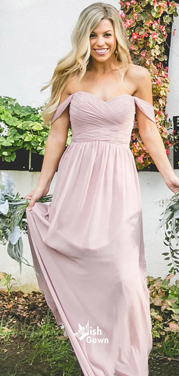 Charming Off Shoulder Sweetheart Chiffon Long Bridesmaid Dresses, WGM108