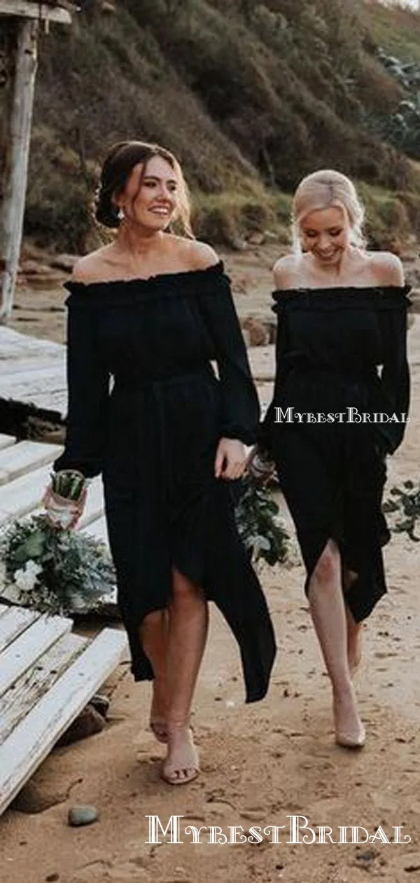 Charming Off-The-Shoulder Black Chiffon Side Slit Long Cheap Bridesmaid Dresses, BDS0063