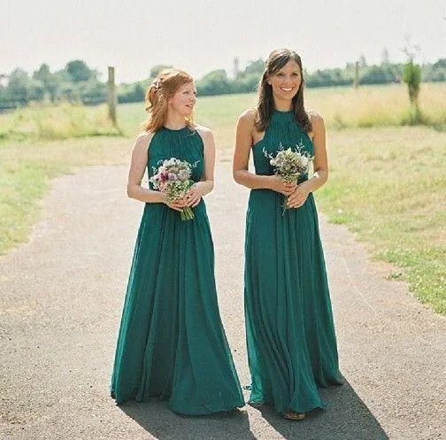 Cheap Halter Green Custom Chiffon Long Bridesmaid Dresses, WGY0253