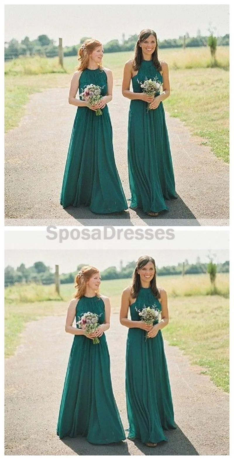 Cheap Halter Green Custom Chiffon Long Bridesmaid Dresses, WGY0253