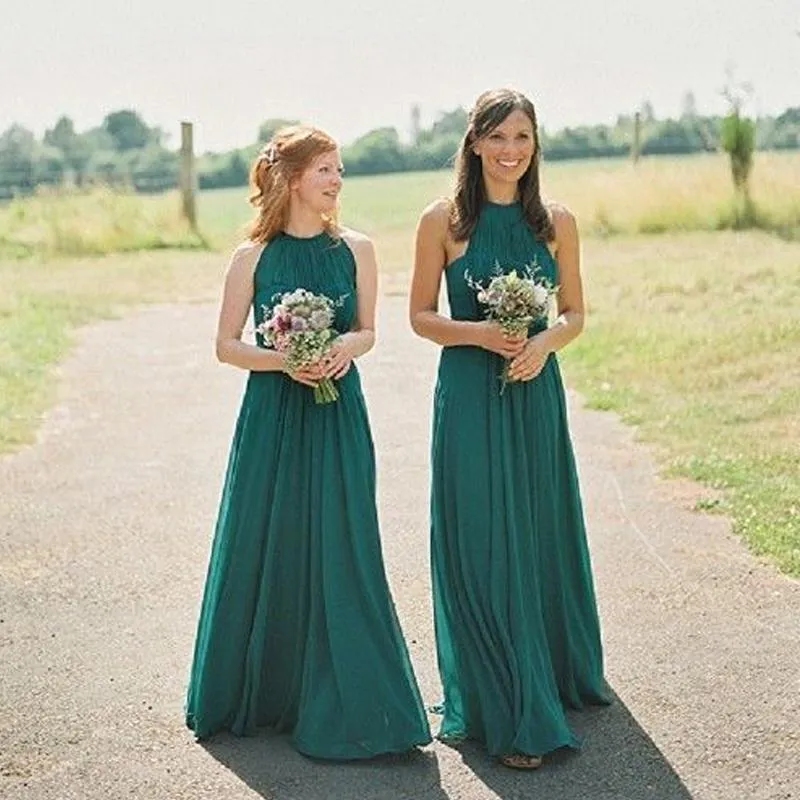 Cheap Halter Green Custom Chiffon Long Bridesmaid Dresses, WGY0253