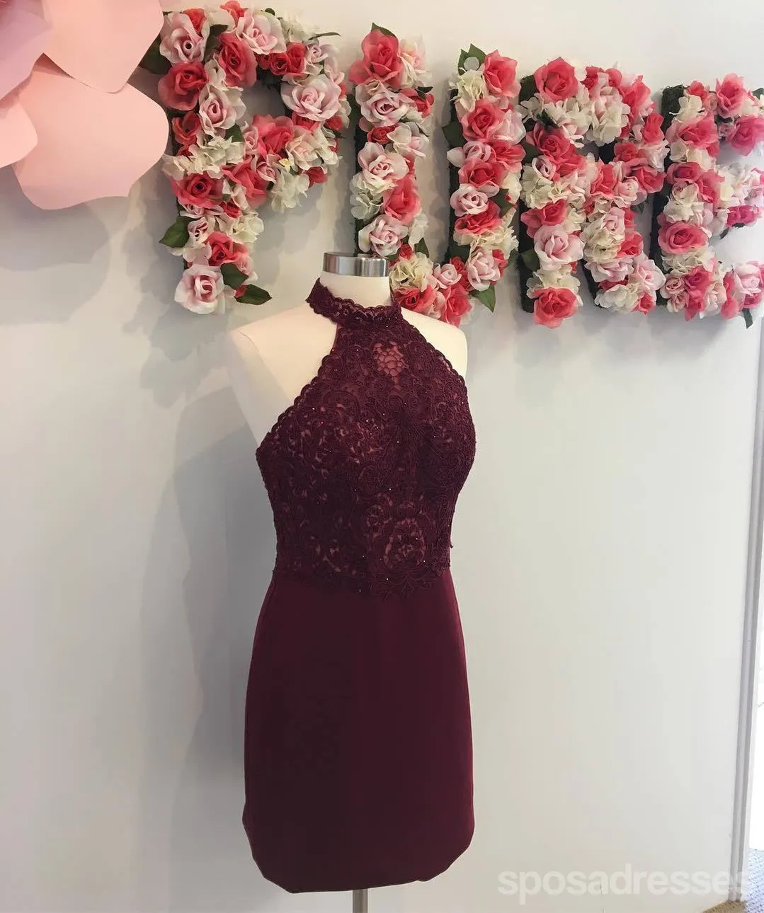 Cheap Halter Maroon Lace Short Homecoming Dresses Online, CM675