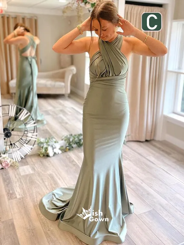 Chic Convertible Soft Satin Backless Long Mermaid Bridesmaid Dresses, WGM101