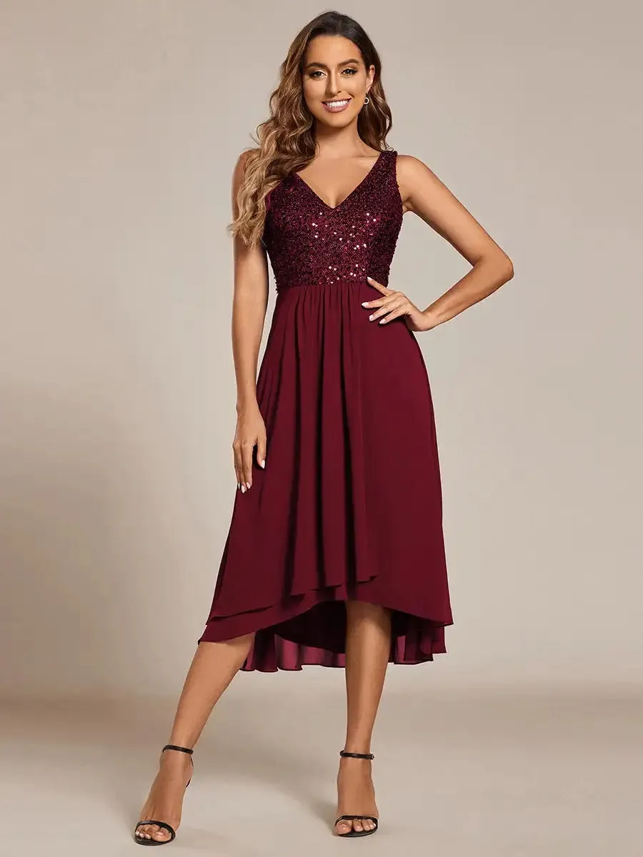 Chiffon Sequin Midi Length Party Wedding Guest Dress