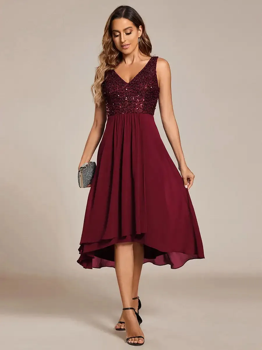 Chiffon Sequin Midi Length Party Wedding Guest Dress