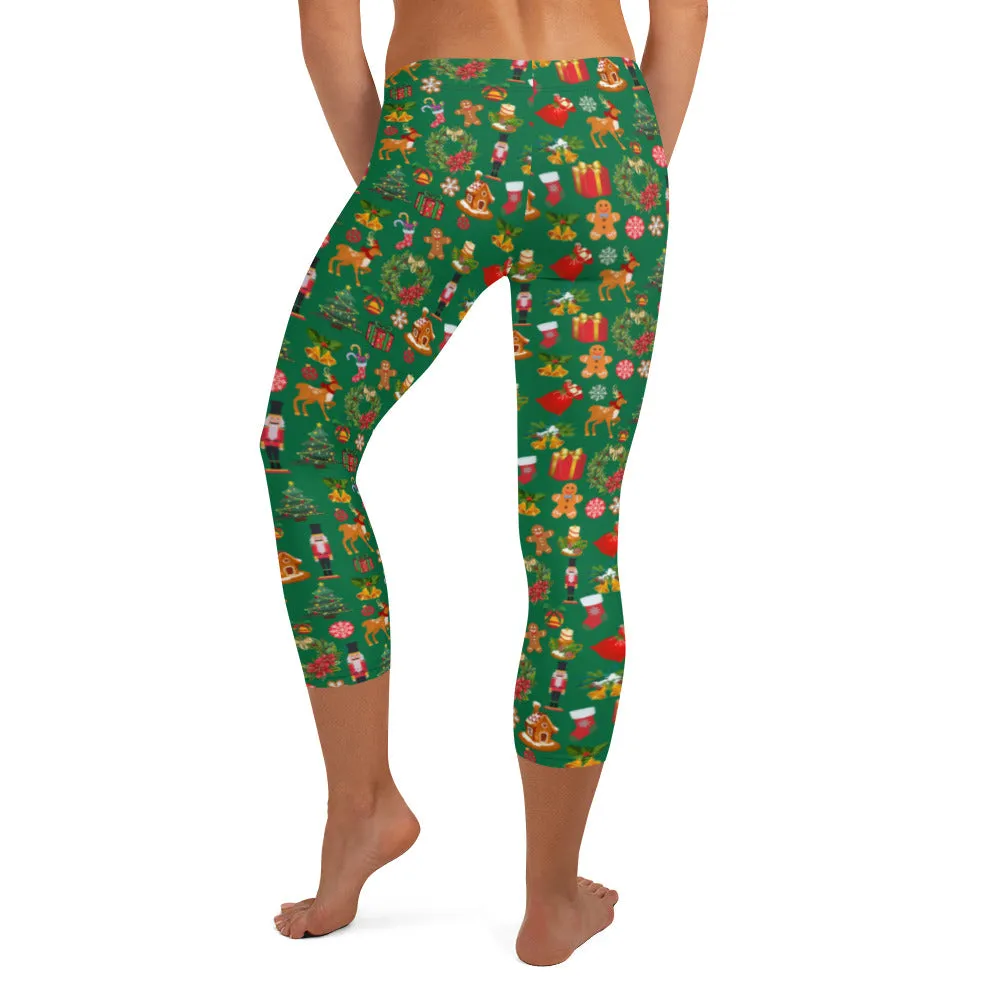 Christmas Joy Holiday Green Capri Leggings