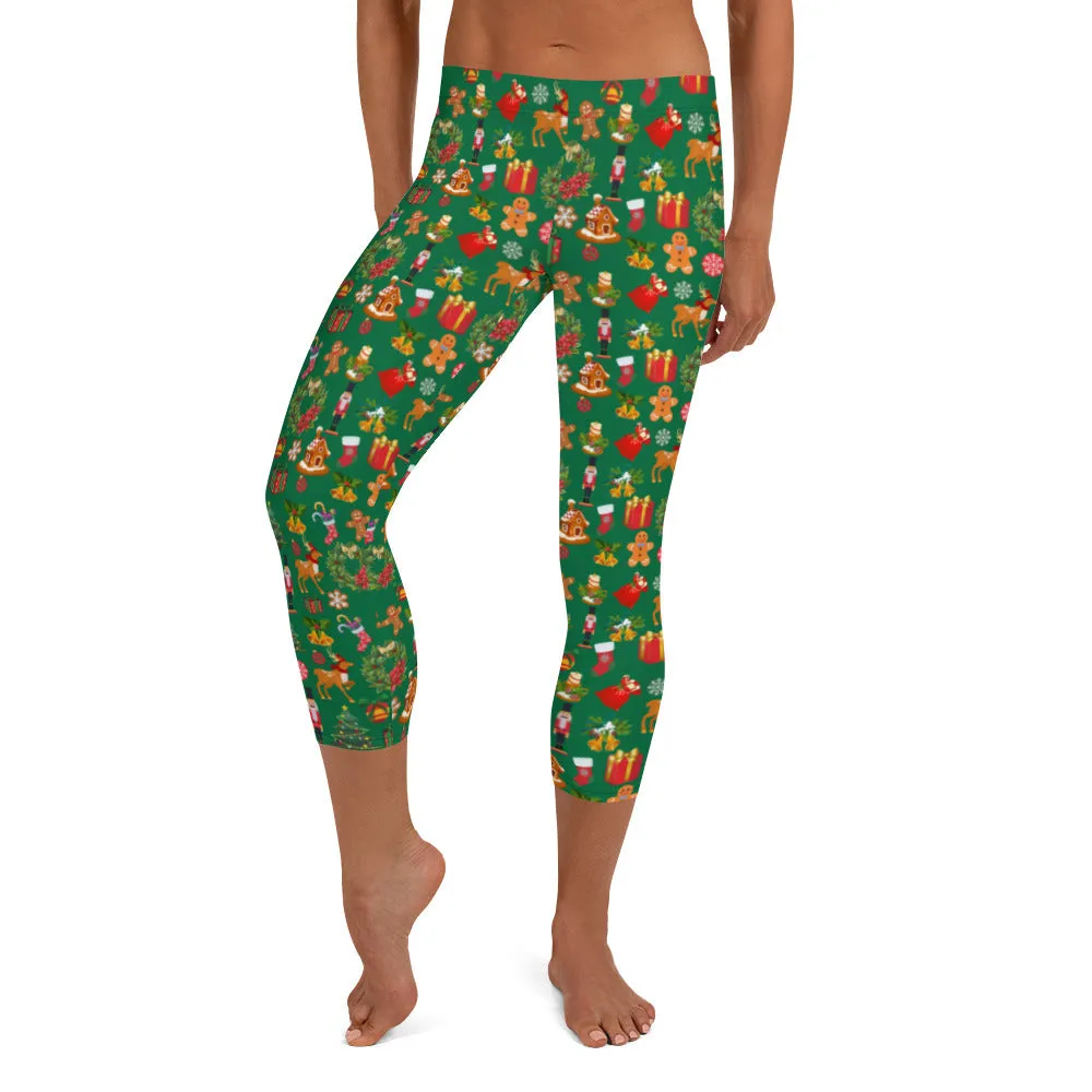 Christmas Joy Holiday Green Capri Leggings