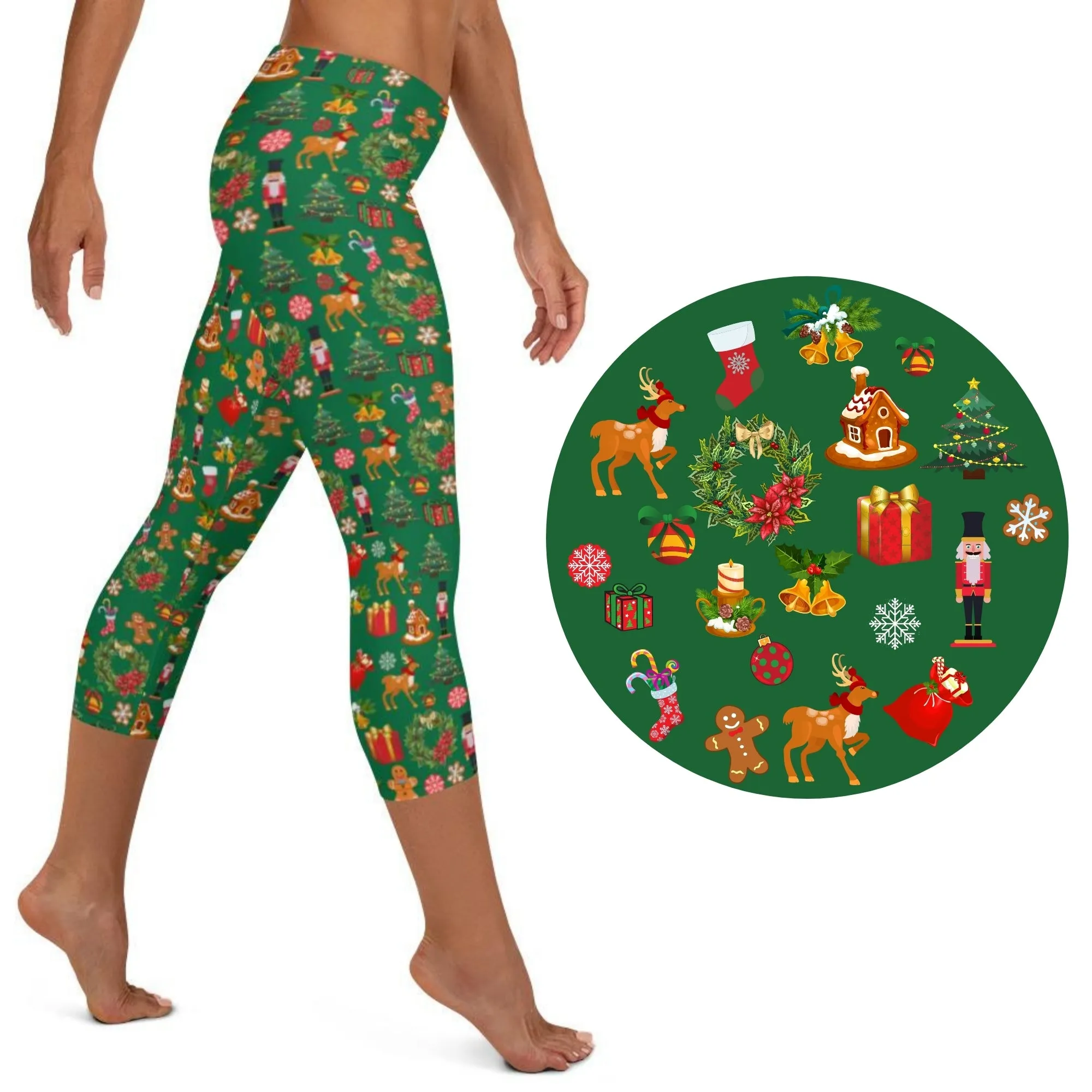 Christmas Joy Holiday Green Capri Leggings