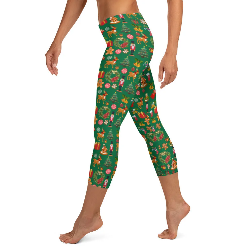 Christmas Joy Holiday Green Capri Leggings