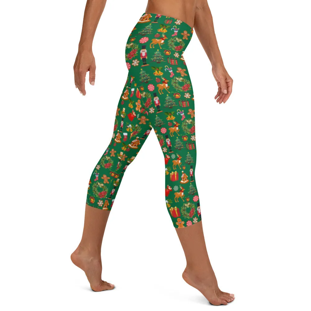 Christmas Joy Holiday Green Capri Leggings