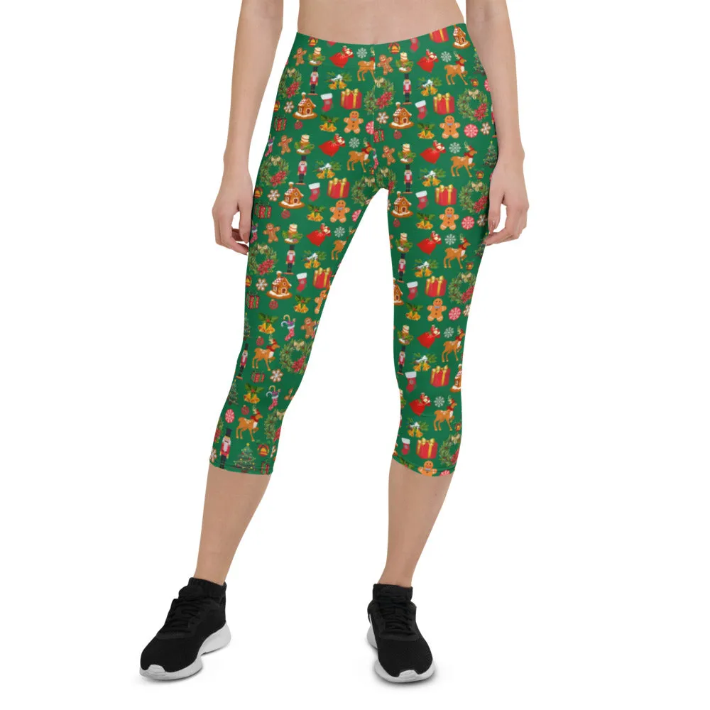 Christmas Joy Holiday Green Capri Leggings